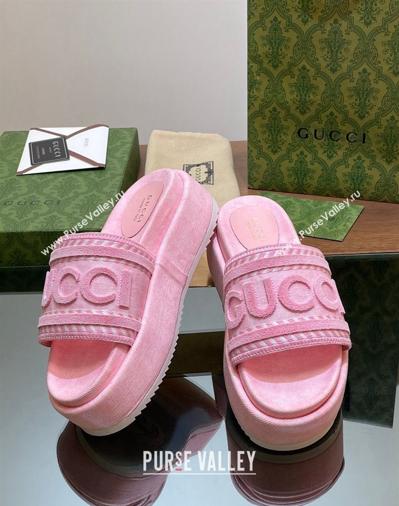 Gucci GG Denim Platform Slides Sandal 5.5cm with GUCCI Script Pink 2024 (MD-240605145)