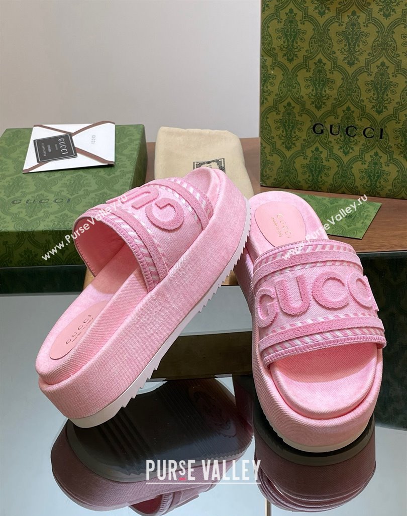 Gucci GG Denim Platform Slides Sandal 5.5cm with GUCCI Script Pink 2024 (MD-240605145)