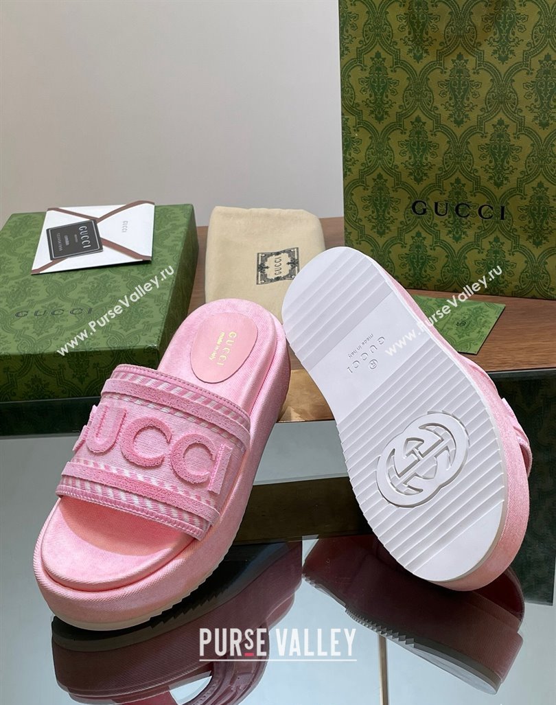 Gucci GG Denim Platform Slides Sandal 5.5cm with GUCCI Script Pink 2024 (MD-240605145)