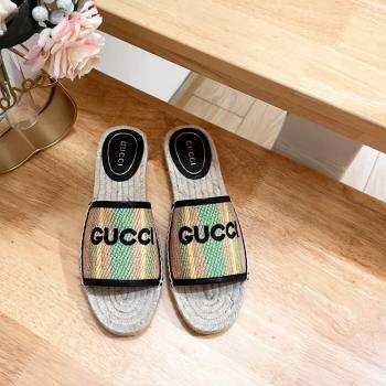 Gucci Jute Espadrille Flat Slides Sandal with Green and Yellow Stripes 2024 0605 (MD-240605106)