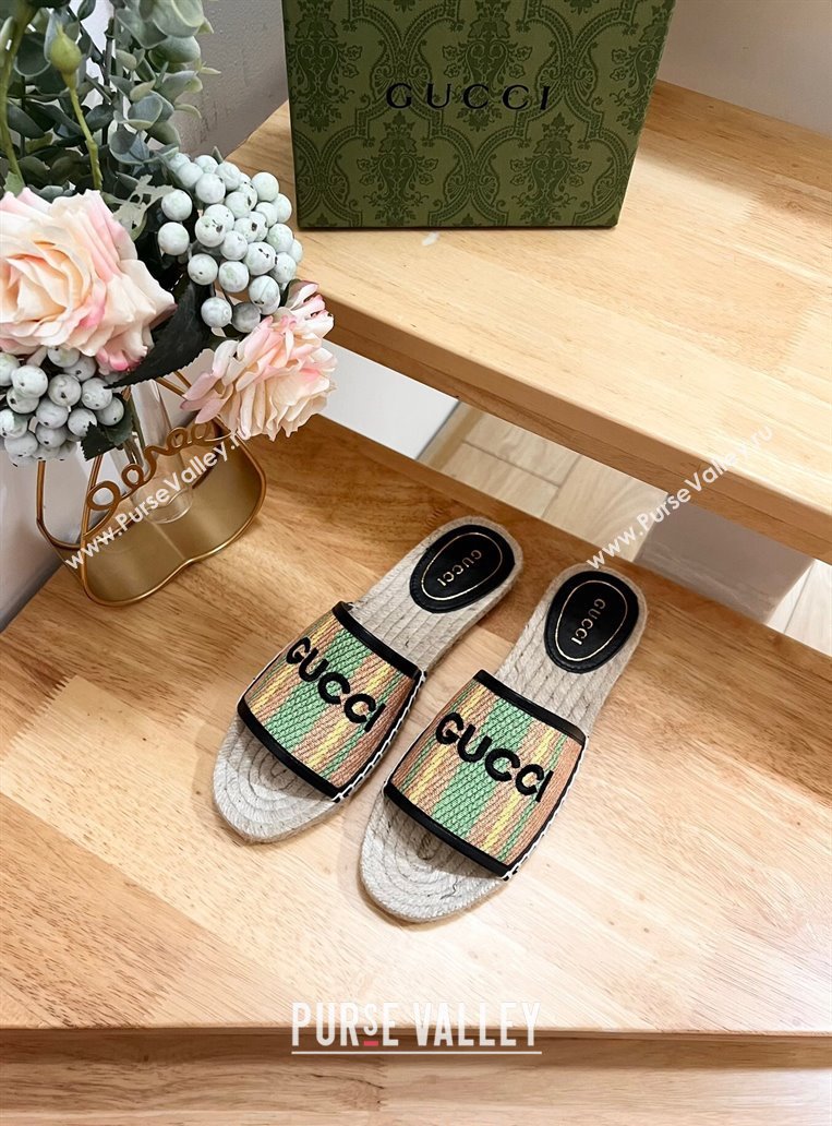 Gucci Jute Espadrille Flat Slides Sandal with Green and Yellow Stripes 2024 0605 (MD-240605106)