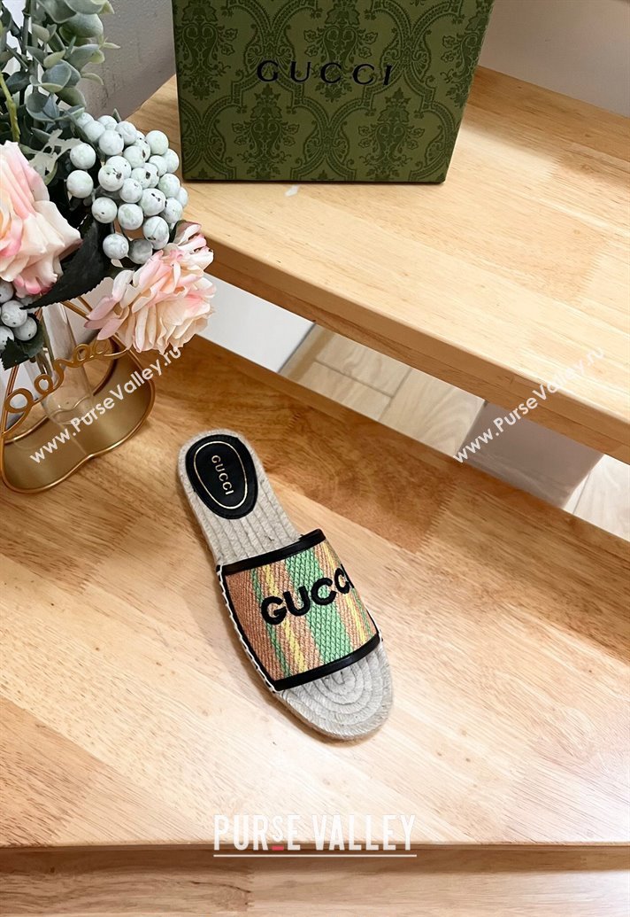 Gucci Jute Espadrille Flat Slides Sandal with Green and Yellow Stripes 2024 0605 (MD-240605106)