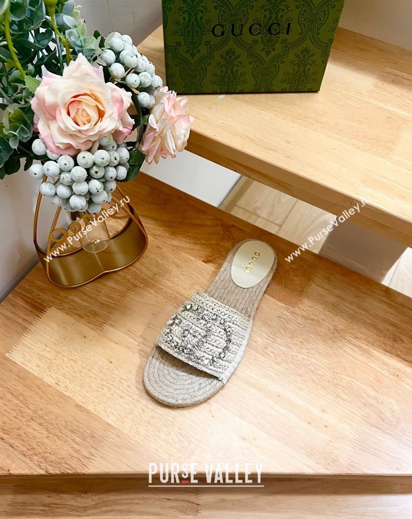 Gucci Strass Interlocking G Espadrille Flat Slides Sandal Pale Beige 2024 780589 (HB-240605094)