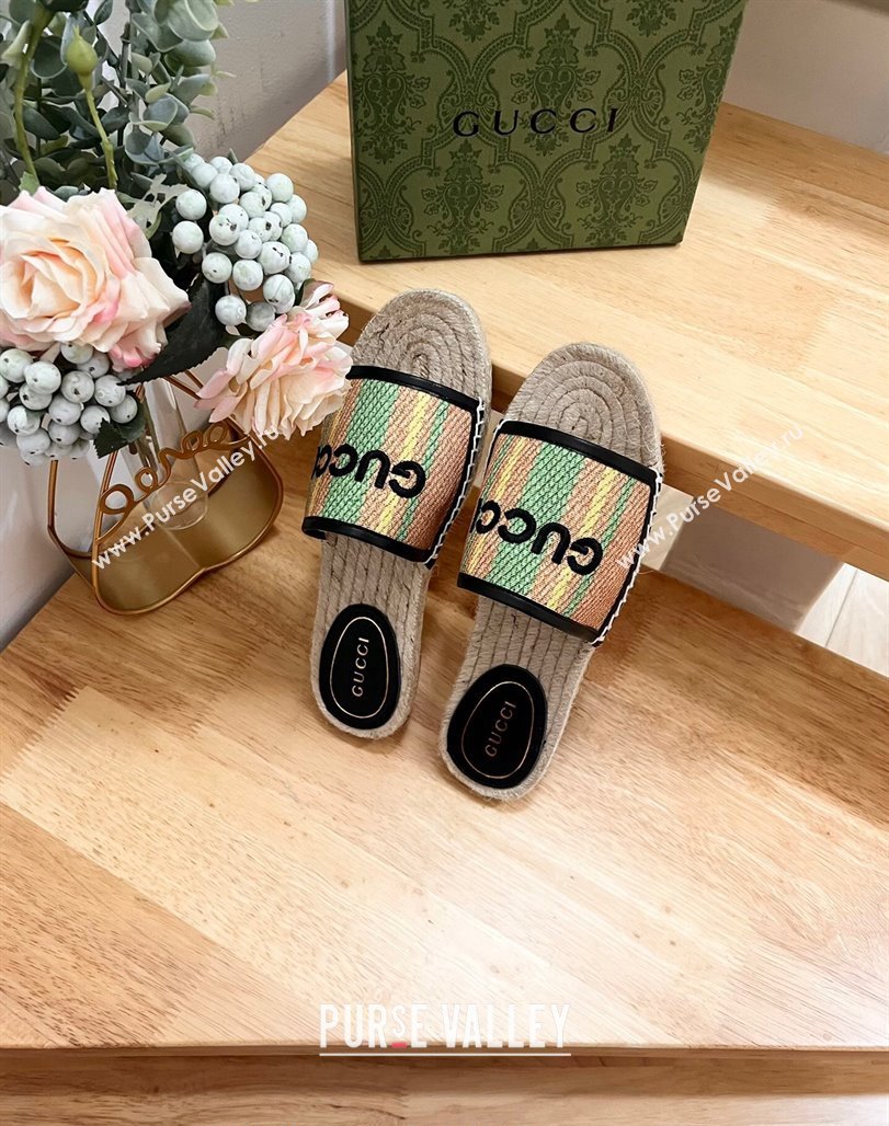 Gucci Jute Espadrille Flat Slides Sandal with Green and Yellow Stripes 2024 0605 (MD-240605106)