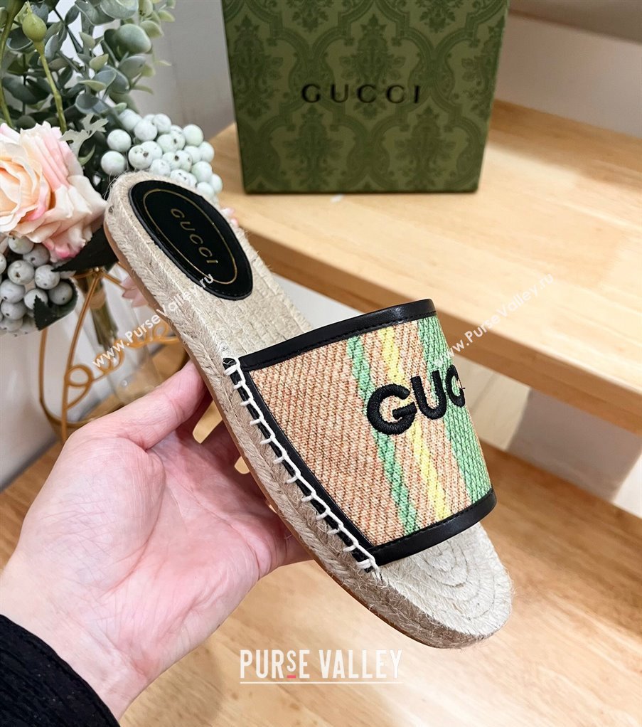 Gucci Jute Espadrille Flat Slides Sandal with Green and Yellow Stripes 2024 0605 (MD-240605106)