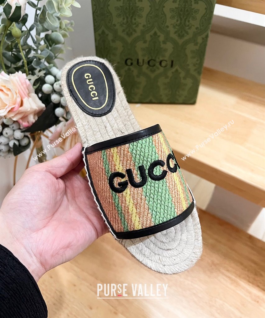 Gucci Jute Espadrille Flat Slides Sandal with Green and Yellow Stripes 2024 0605 (MD-240605106)