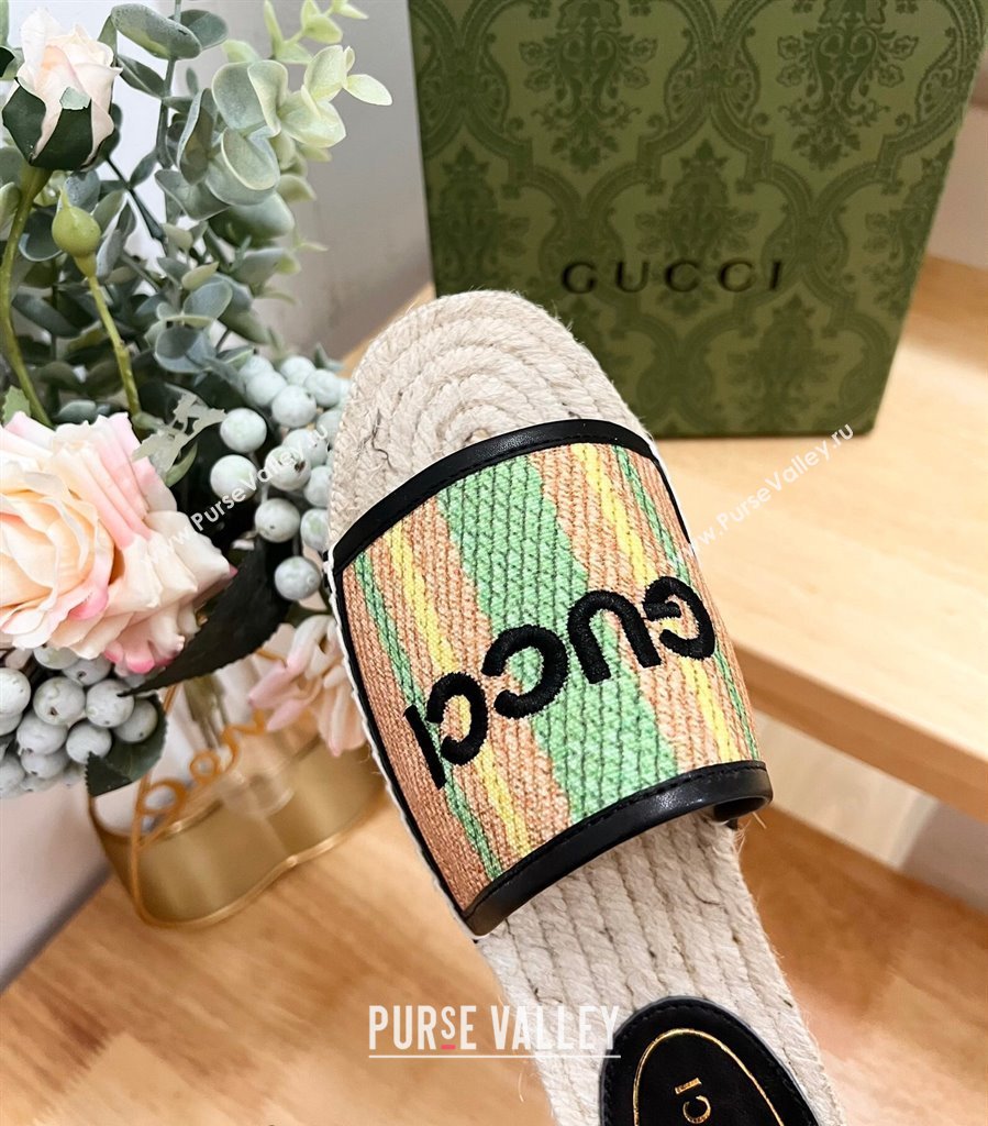 Gucci Jute Espadrille Flat Slides Sandal with Green and Yellow Stripes 2024 0605 (MD-240605106)