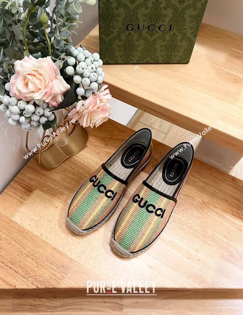 Gucci Jute Espadrilles Flat with Green and Yellow Stripes 2024 0605 (MD-240605107)