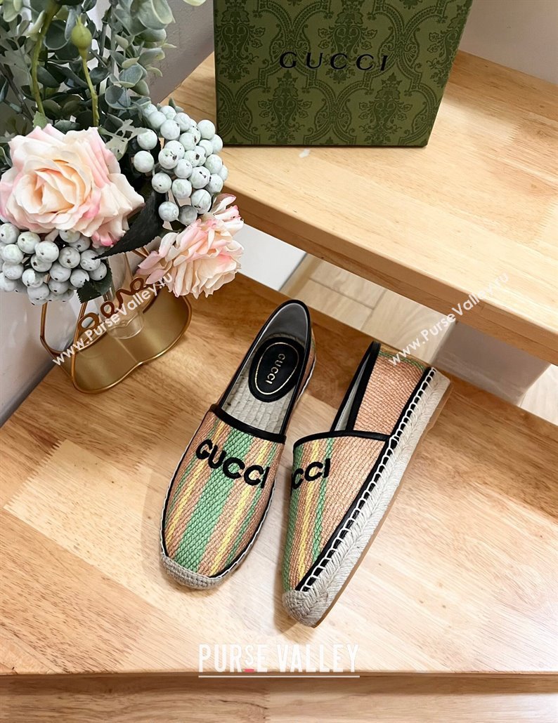 Gucci Jute Espadrilles Flat with Green and Yellow Stripes 2024 0605 (MD-240605107)