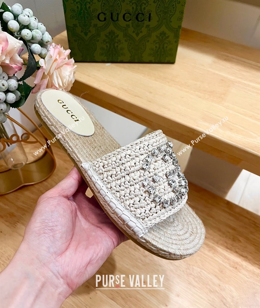 Gucci Strass Interlocking G Espadrille Flat Slides Sandal Pale Beige 2024 780589 (HB-240605094)