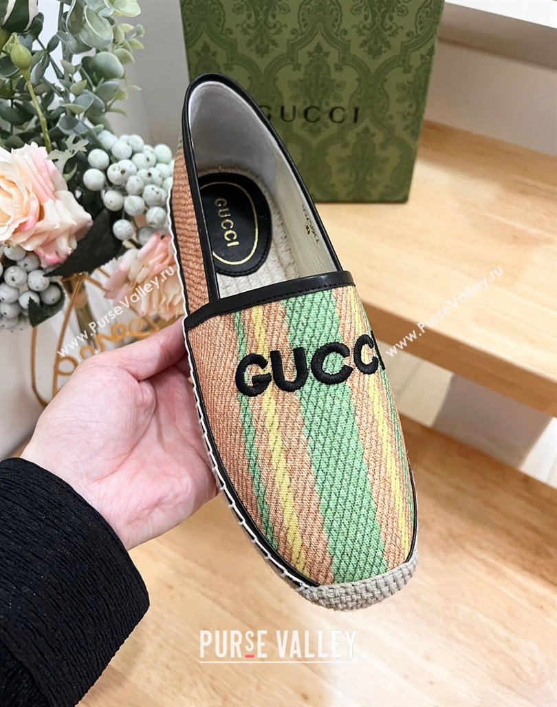 Gucci Jute Espadrilles Flat with Green and Yellow Stripes 2024 0605 (MD-240605107)