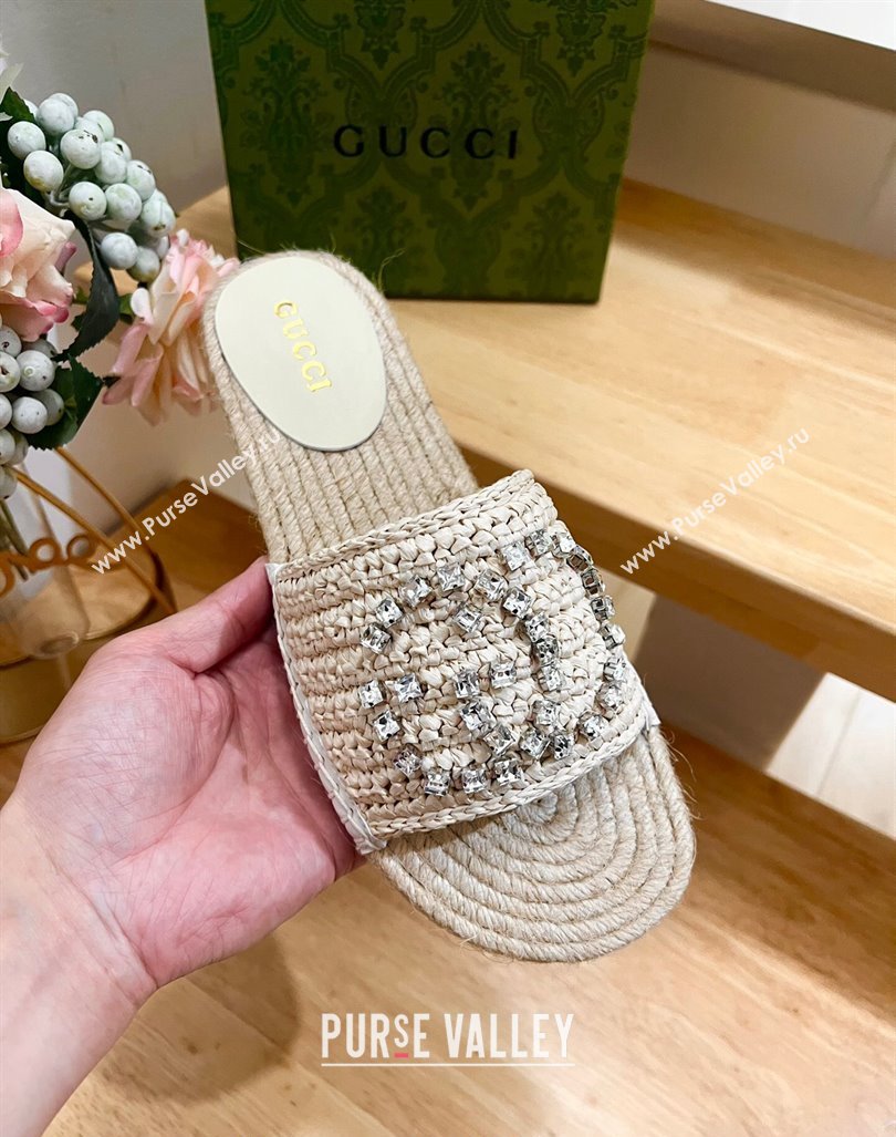 Gucci Strass Interlocking G Espadrille Flat Slides Sandal Pale Beige 2024 780589 (HB-240605094)