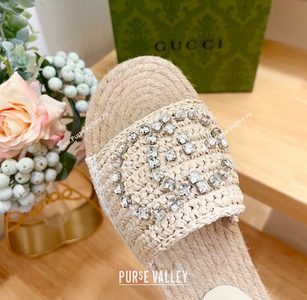 Gucci Strass Interlocking G Espadrille Flat Slides Sandal Pale Beige 2024 780589 (HB-240605094)