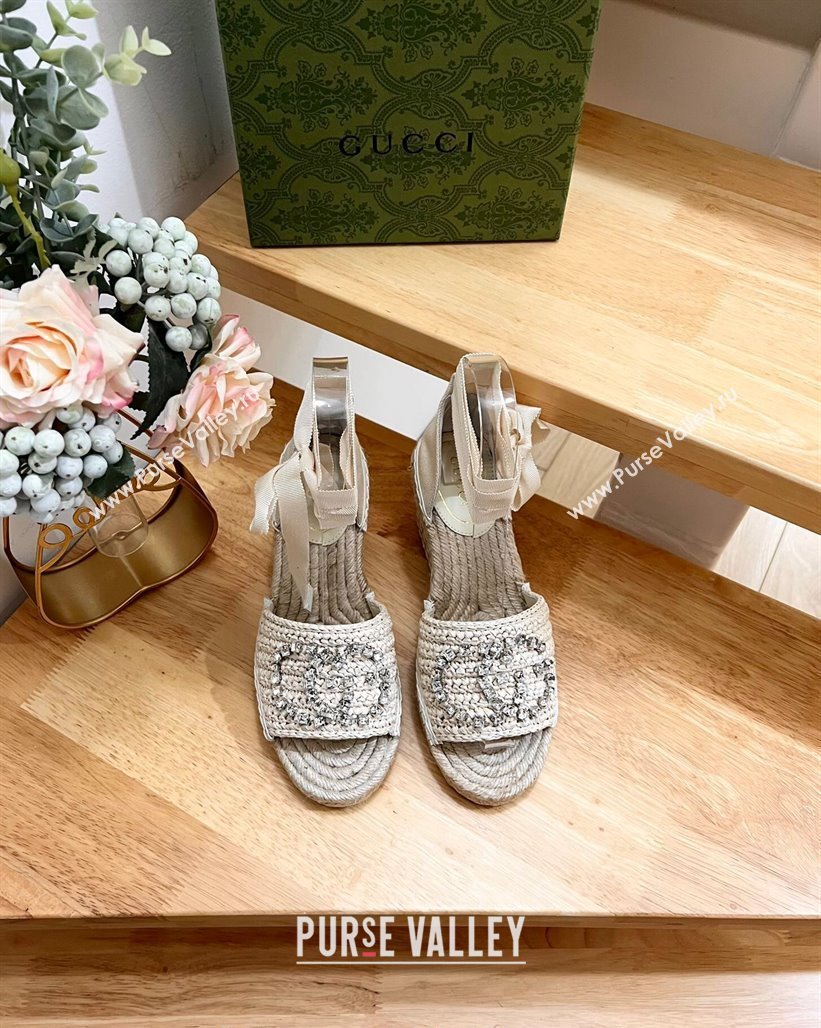 Gucci Strass Interlocking G Espadrille Wedge Sandals with Ankle Tie Pale Beige 2024 780594 (HB-240605096)