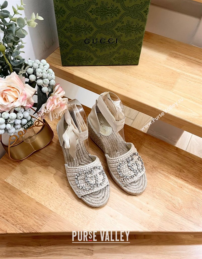 Gucci Strass Interlocking G Espadrille Wedge Sandals with Ankle Tie Pale Beige 2024 780594 (HB-240605096)