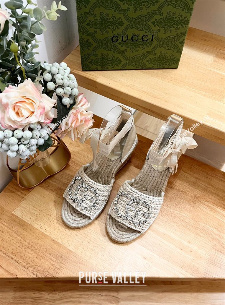 Gucci Strass Interlocking G Espadrille Wedge Sandals with Ankle Tie Pale Beige 2024 780594 (HB-240605096)