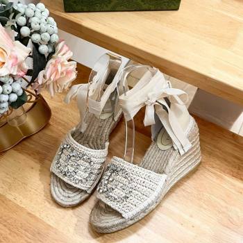 Gucci Strass Interlocking G Espadrille Wedge Sandals with Ankle Tie Pale Beige 2024 780594 (HB-240605096)