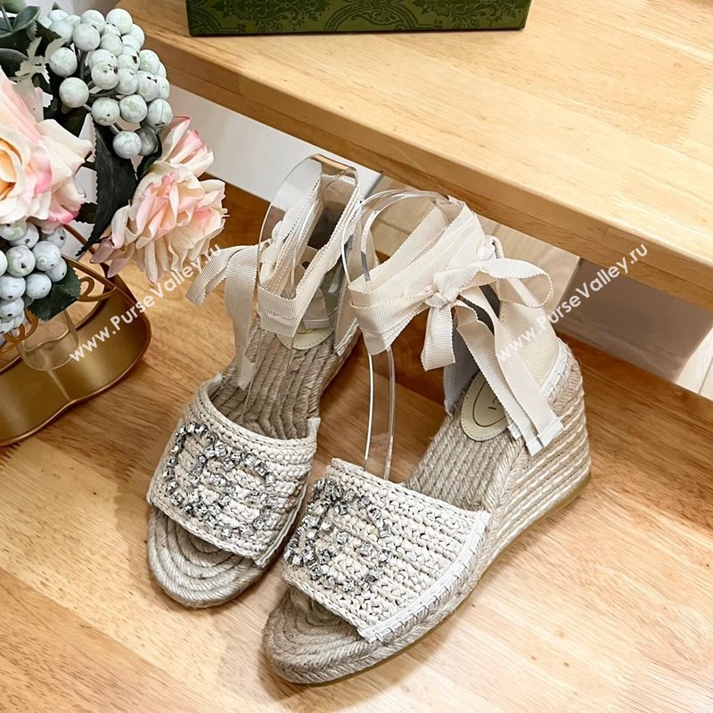 Gucci Strass Interlocking G Espadrille Wedge Sandals with Ankle Tie Pale Beige 2024 780594 (HB-240605096)