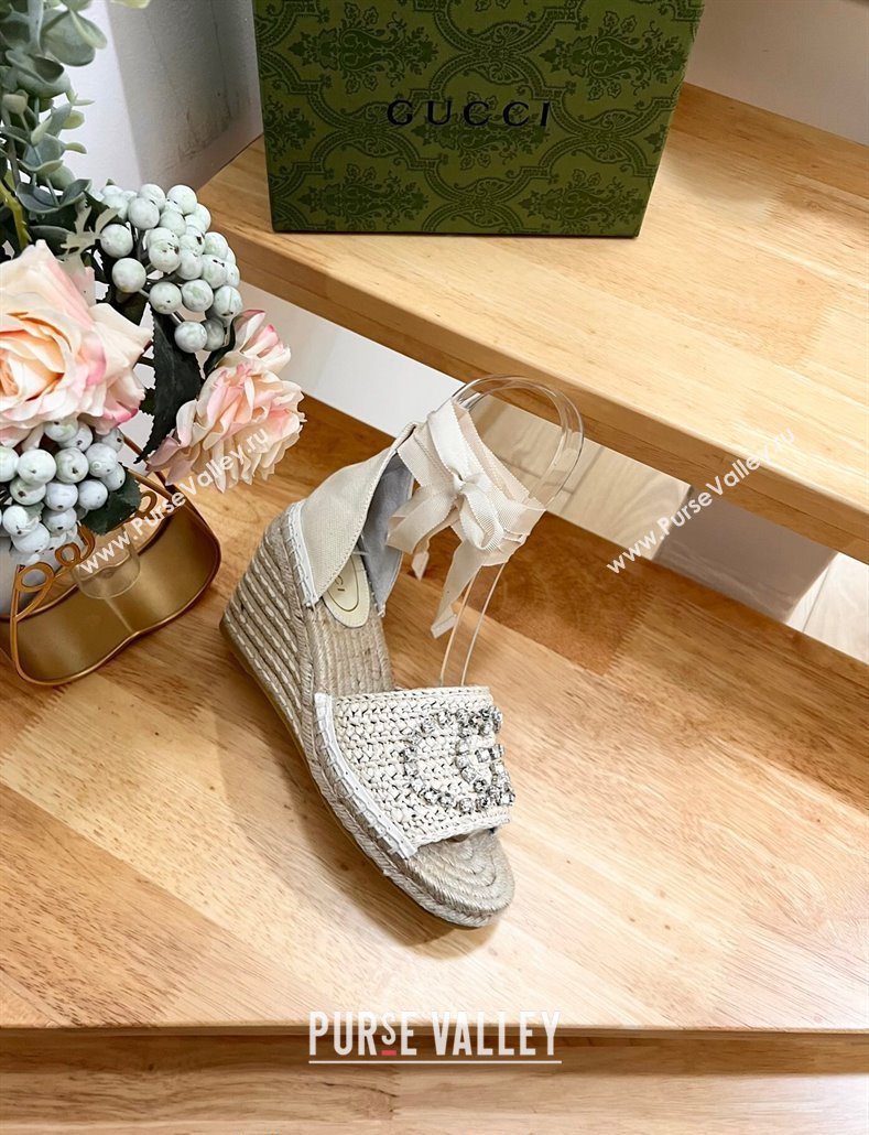 Gucci Strass Interlocking G Espadrille Wedge Sandals with Ankle Tie Pale Beige 2024 780594 (HB-240605096)