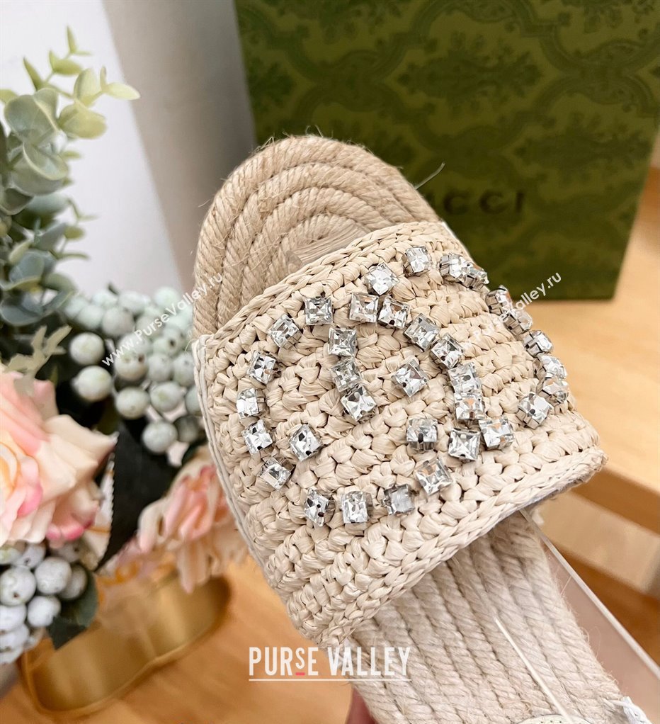 Gucci Strass Interlocking G Espadrille Wedge Sandals with Ankle Tie Pale Beige 2024 780594 (HB-240605096)