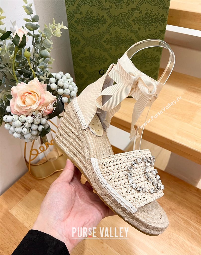 Gucci Strass Interlocking G Espadrille Wedge Sandals with Ankle Tie Pale Beige 2024 780594 (HB-240605096)