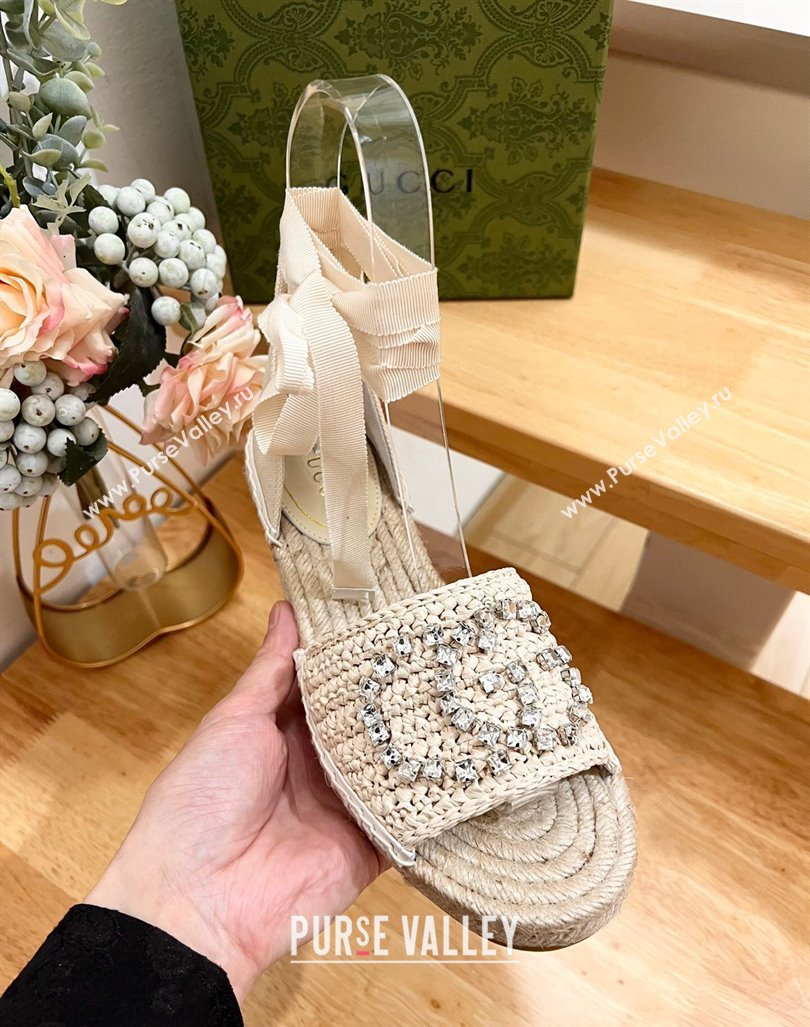 Gucci Strass Interlocking G Espadrille Wedge Sandals with Ankle Tie Pale Beige 2024 780594 (HB-240605096)