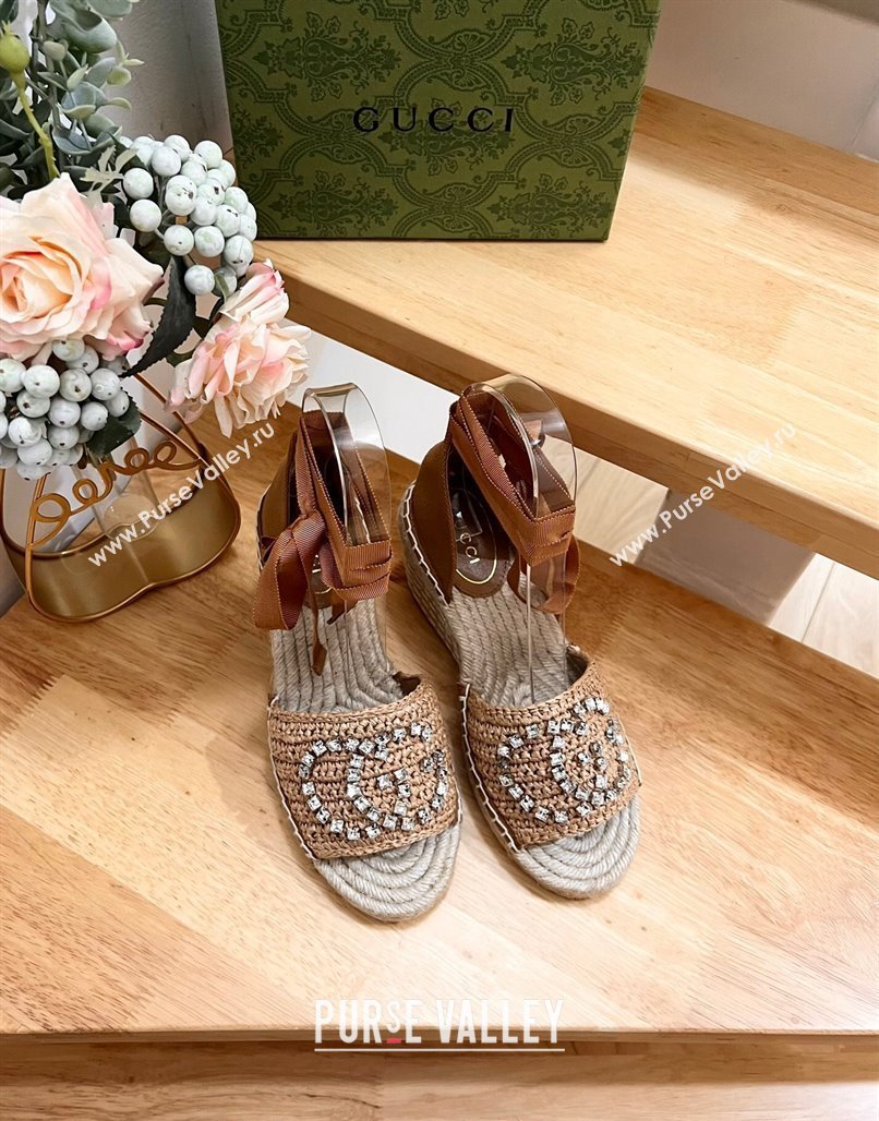 Gucci Strass Interlocking G Espadrille Wedge Sandals with Ankle Tie Dark Beige 2024 780594 (HB-240605097)