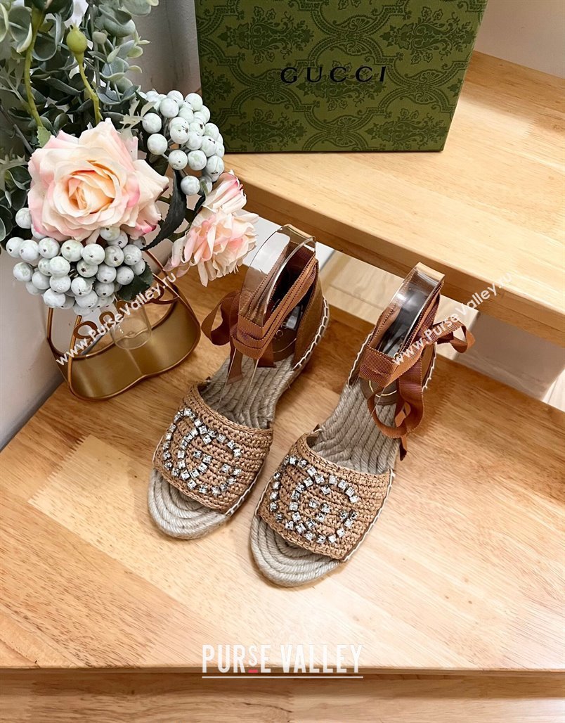 Gucci Strass Interlocking G Espadrille Wedge Sandals with Ankle Tie Dark Beige 2024 780594 (HB-240605097)