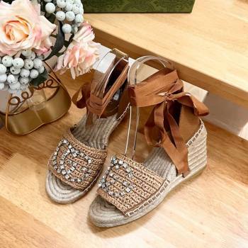 Gucci Strass Interlocking G Espadrille Wedge Sandals with Ankle Tie Dark Beige 2024 780594 (HB-240605097)