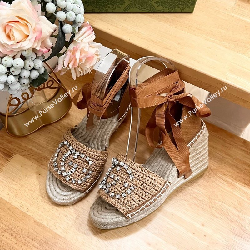 Gucci Strass Interlocking G Espadrille Wedge Sandals with Ankle Tie Dark Beige 2024 780594 (HB-240605097)