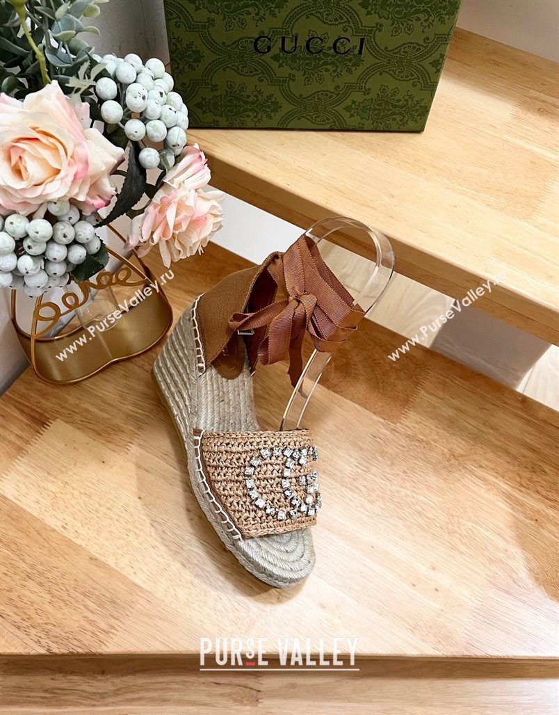 Gucci Strass Interlocking G Espadrille Wedge Sandals with Ankle Tie Dark Beige 2024 780594 (HB-240605097)