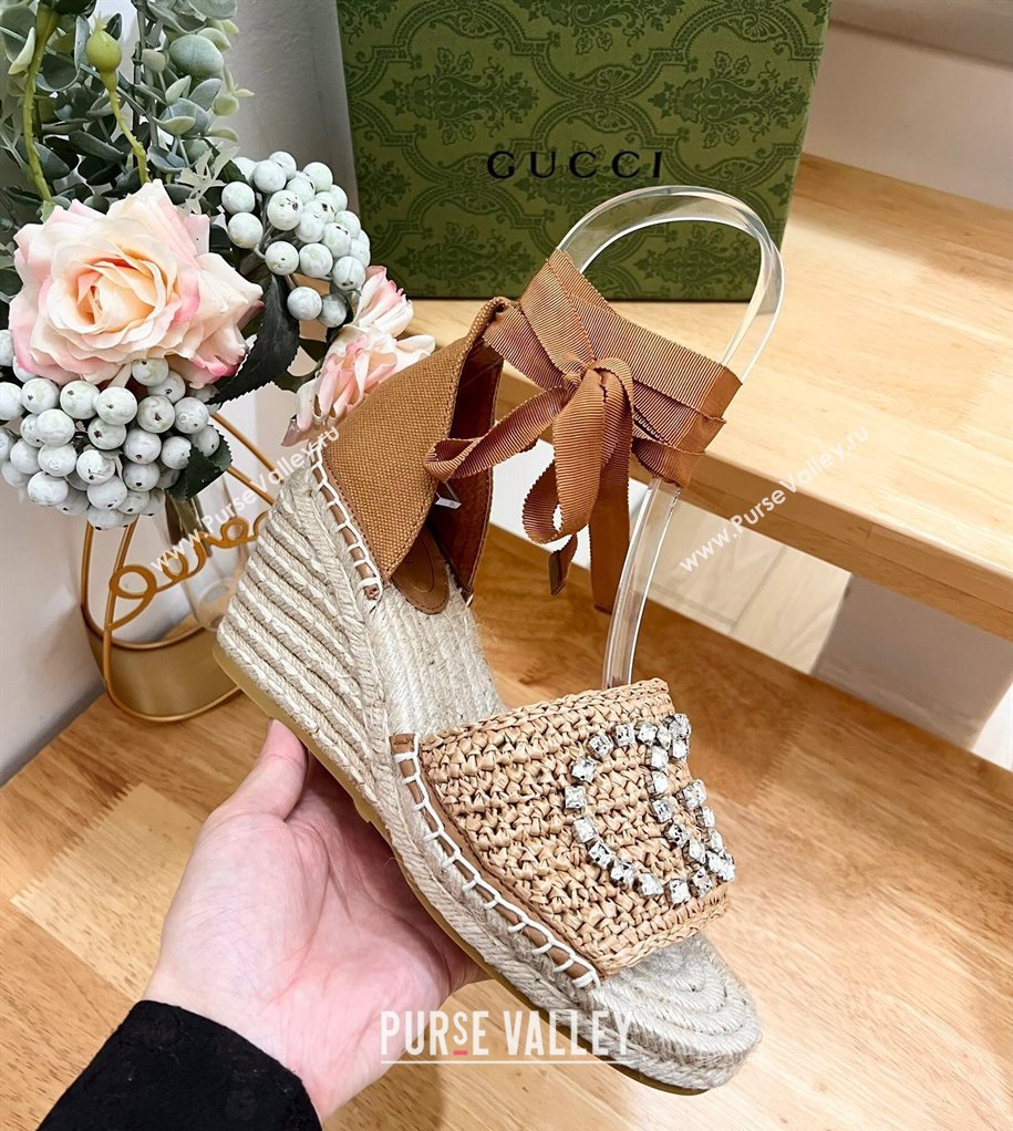 Gucci Strass Interlocking G Espadrille Wedge Sandals with Ankle Tie Dark Beige 2024 780594 (HB-240605097)