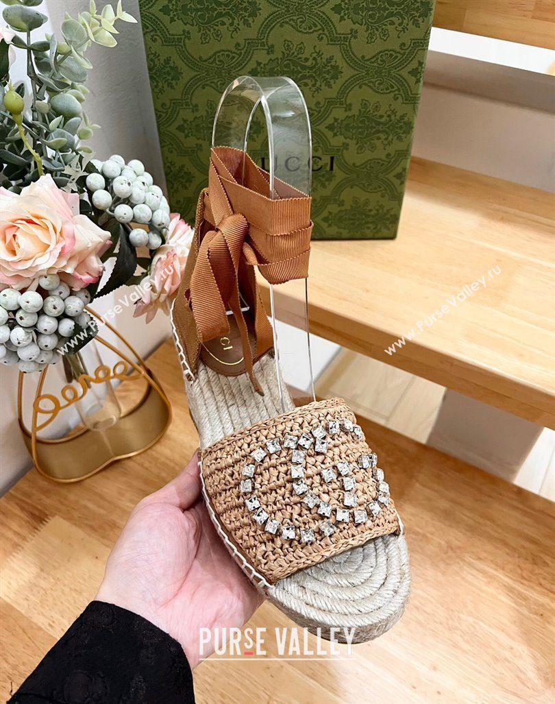 Gucci Strass Interlocking G Espadrille Wedge Sandals with Ankle Tie Dark Beige 2024 780594 (HB-240605097)