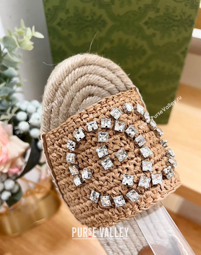 Gucci Strass Interlocking G Espadrille Wedge Sandals with Ankle Tie Dark Beige 2024 780594 (HB-240605097)