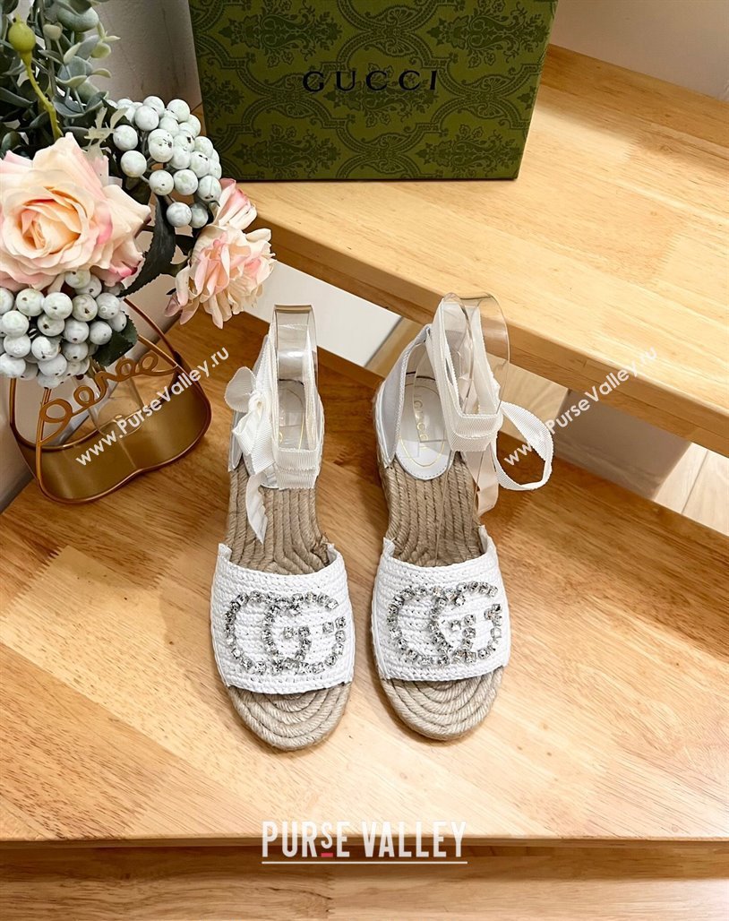 Gucci Strass Interlocking G Espadrille Wedge Sandals with Ankle Tie White 2024 780594 (HB-240605098)