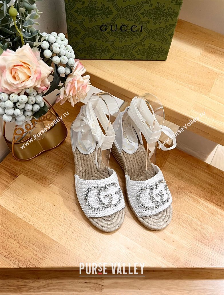 Gucci Strass Interlocking G Espadrille Wedge Sandals with Ankle Tie White 2024 780594 (HB-240605098)