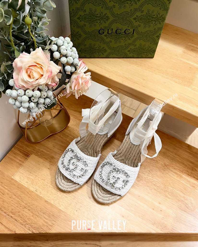 Gucci Strass Interlocking G Espadrille Wedge Sandals with Ankle Tie White 2024 780594 (HB-240605098)