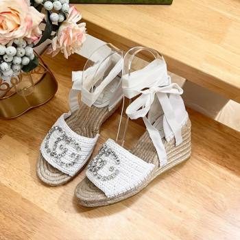 Gucci Strass Interlocking G Espadrille Wedge Sandals with Ankle Tie White 2024 780594 (HB-240605098)