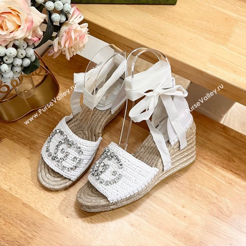 Gucci Strass Interlocking G Espadrille Wedge Sandals with Ankle Tie White 2024 780594 (HB-240605098)