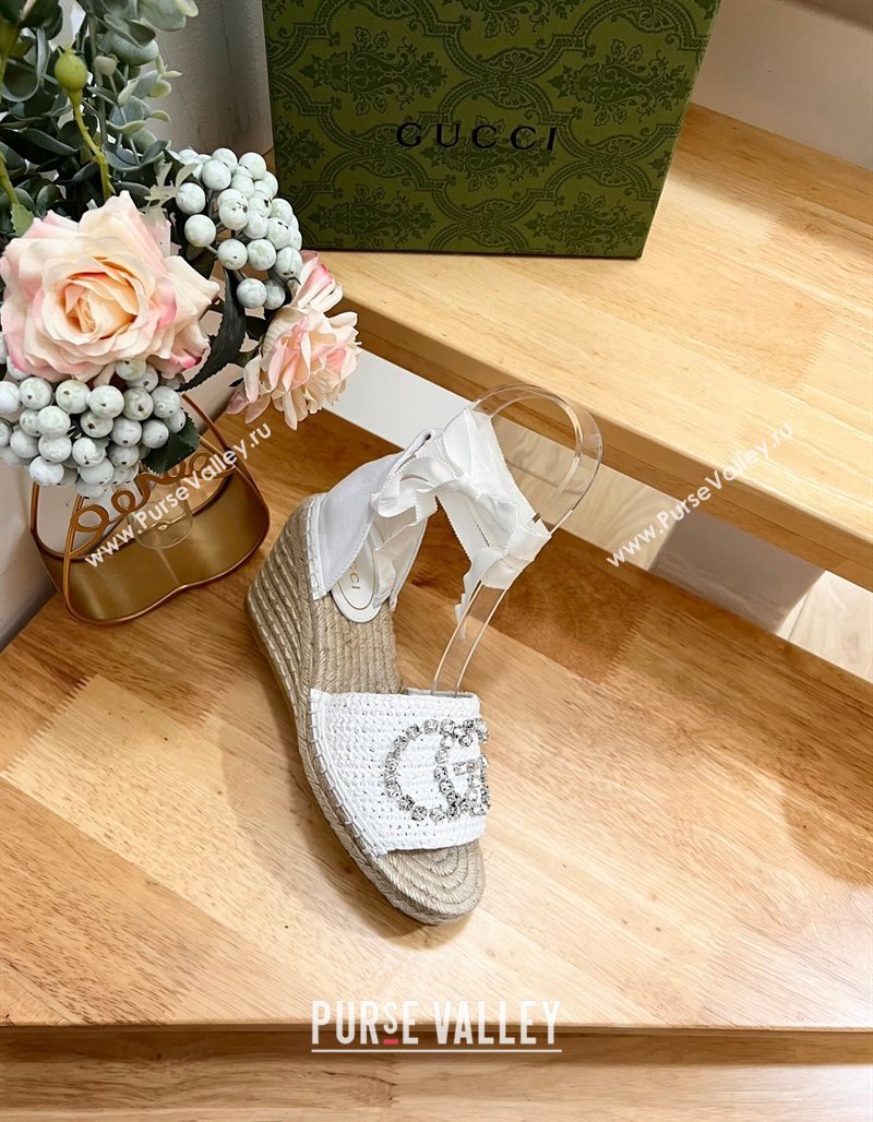 Gucci Strass Interlocking G Espadrille Wedge Sandals with Ankle Tie White 2024 780594 (HB-240605098)