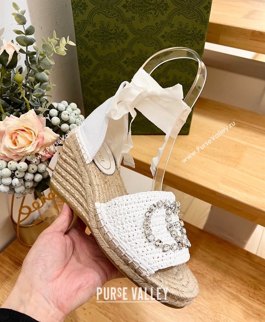 Gucci Strass Interlocking G Espadrille Wedge Sandals with Ankle Tie White 2024 780594 (HB-240605098)