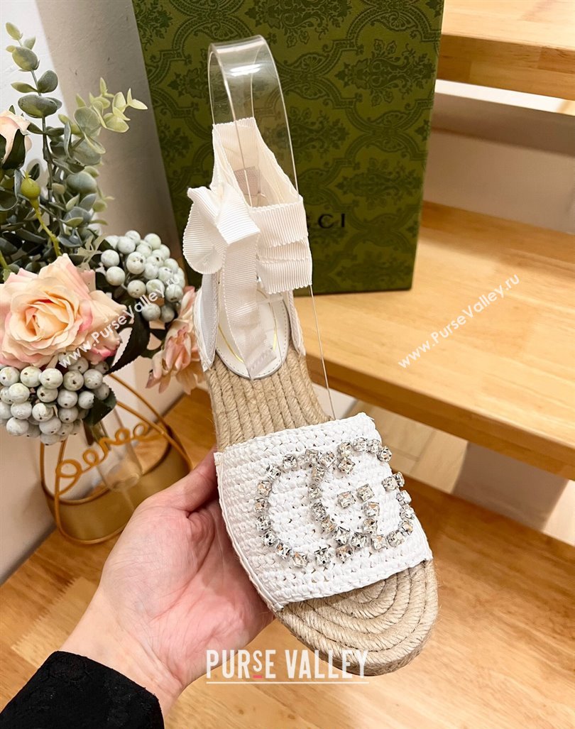 Gucci Strass Interlocking G Espadrille Wedge Sandals with Ankle Tie White 2024 780594 (HB-240605098)