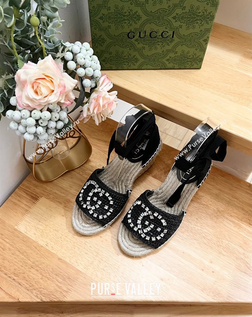 Gucci Strass Interlocking G Espadrille Wedge Sandals with Ankle Tie Black 2024 780594 (HB-240605099)