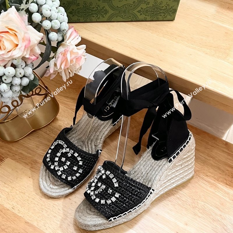 Gucci Strass Interlocking G Espadrille Wedge Sandals with Ankle Tie Black 2024 780594 (HB-240605099)