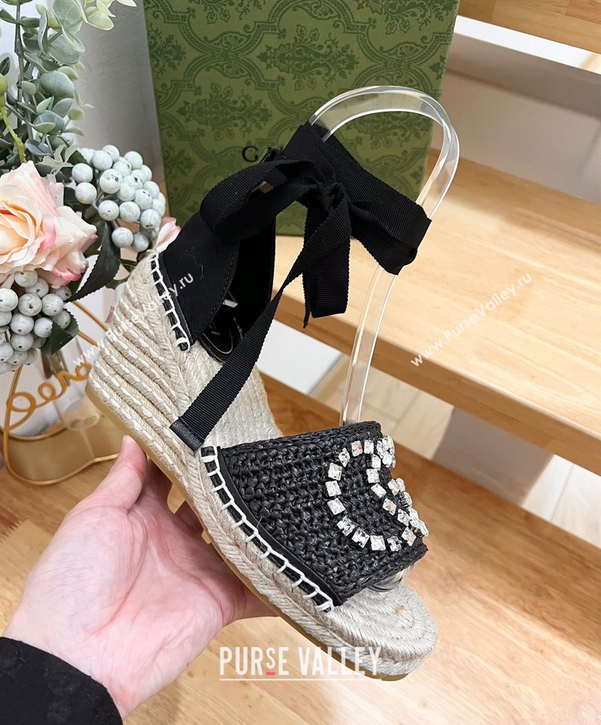 Gucci Strass Interlocking G Espadrille Wedge Sandals with Ankle Tie Black 2024 780594 (HB-240605099)