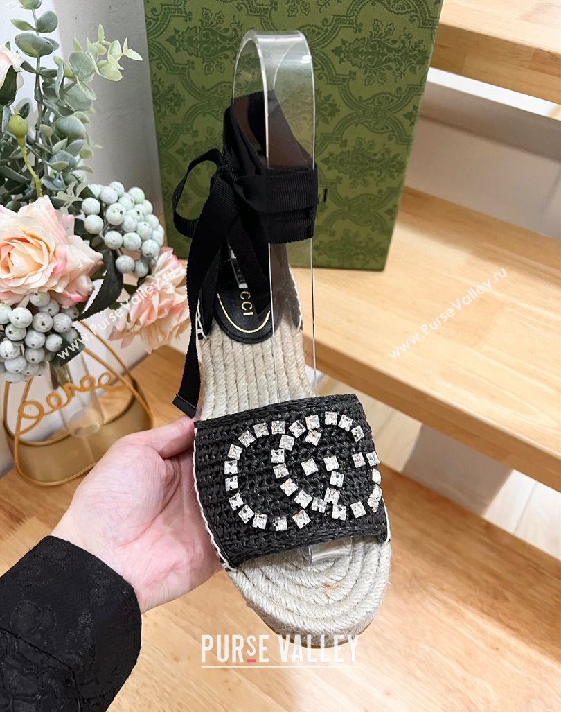 Gucci Strass Interlocking G Espadrille Wedge Sandals with Ankle Tie Black 2024 780594 (HB-240605099)