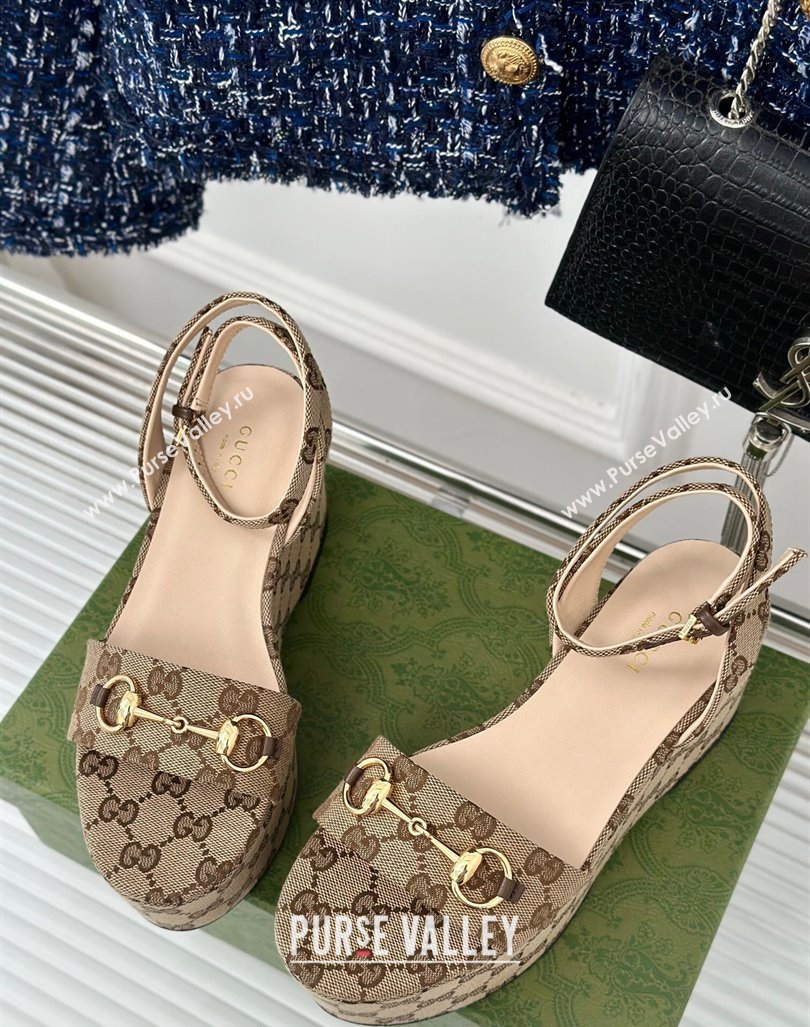 Gucci Horsebit GG Canvas Platform Sandals 7.5cm Beige 2024 0605 (MD-240605112)