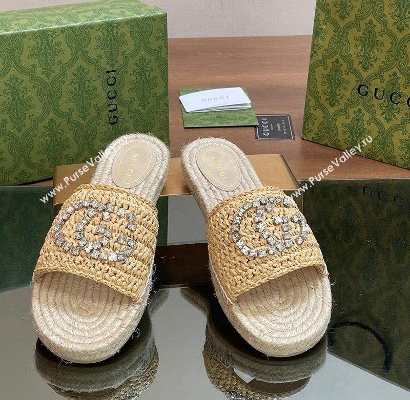 Gucci Strass Interlocking G Espadrille Flat Slides Sandal Light Beige 2024 780589 (SS-240605095)