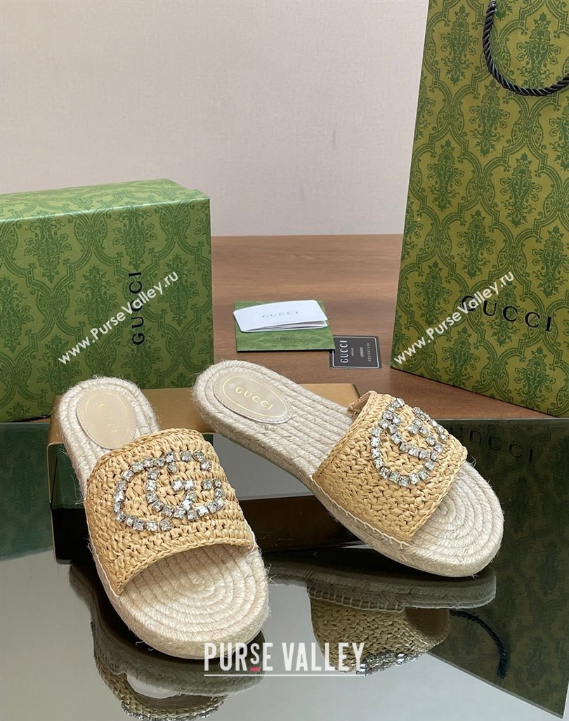 Gucci Strass Interlocking G Espadrille Flat Slides Sandal Light Beige 2024 780589 (SS-240605095)