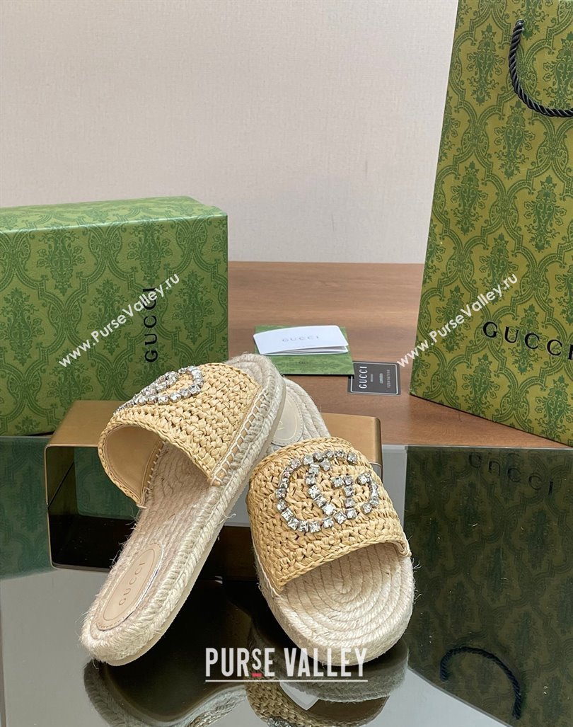 Gucci Strass Interlocking G Espadrille Flat Slides Sandal Light Beige 2024 780589 (SS-240605095)